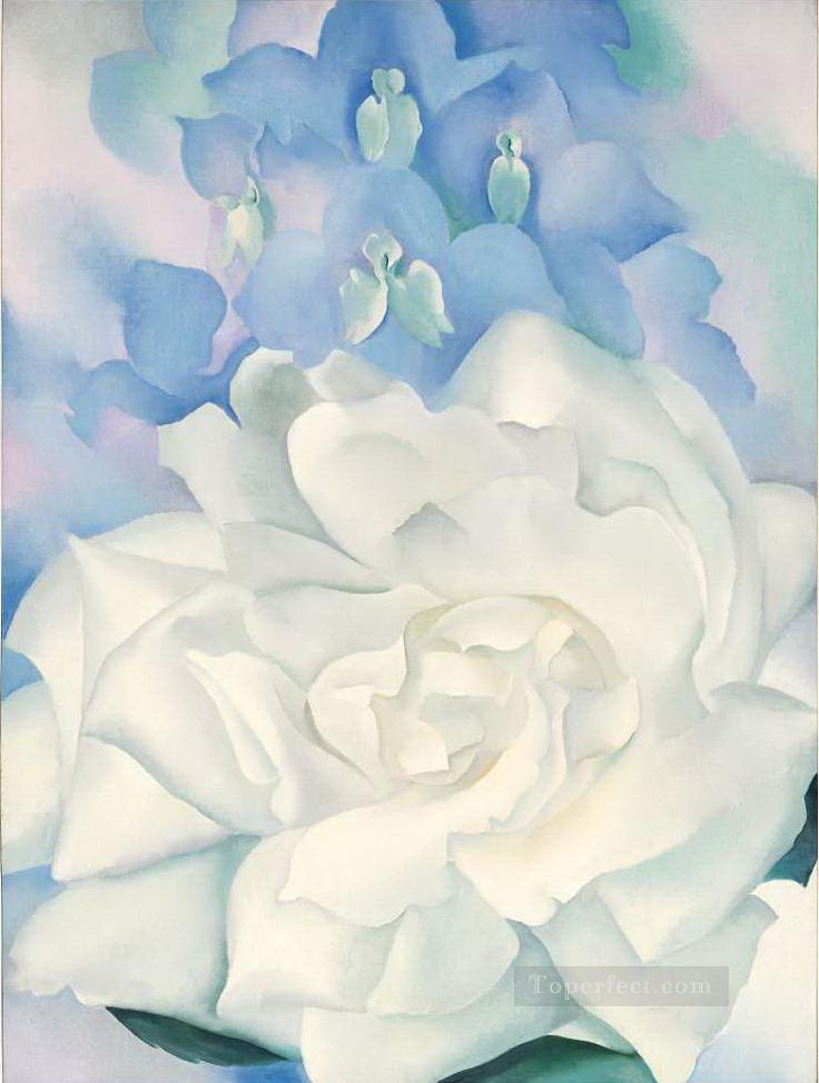 ラークスパー No2 ジョージア オキーフの花飾りが付いたホワイト ローズ油絵